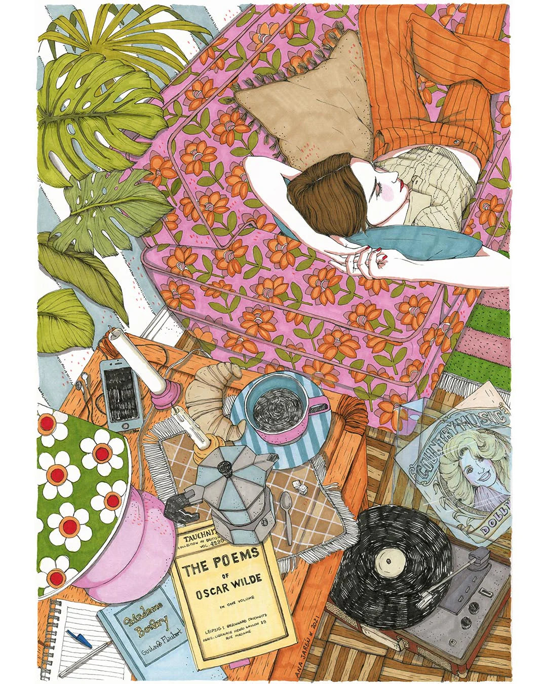 Lámina Sofá de flores, café y vinilo