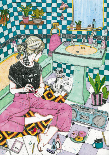 Lámina Chica feminist gato baño