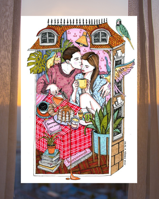 Couple print breakfast at home 