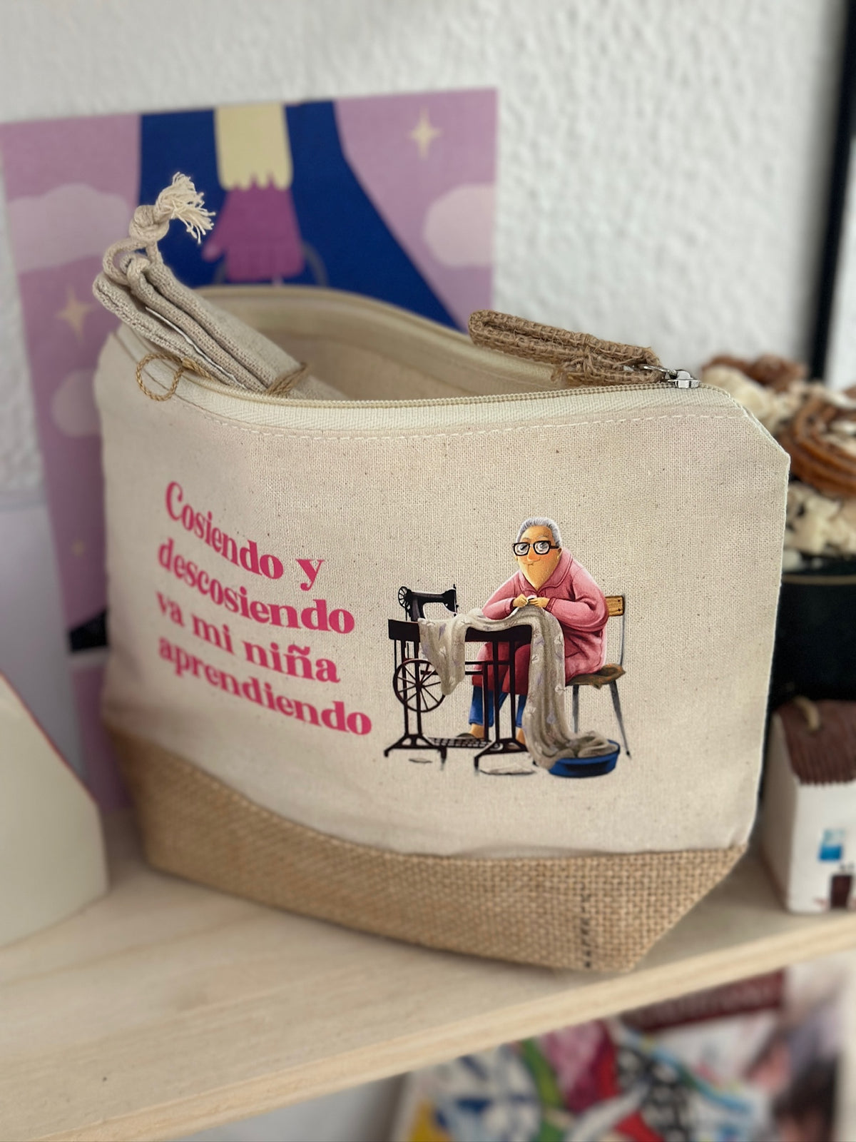 Jute toiletry bag Grandma - Sewing and unstitching my girl is learning