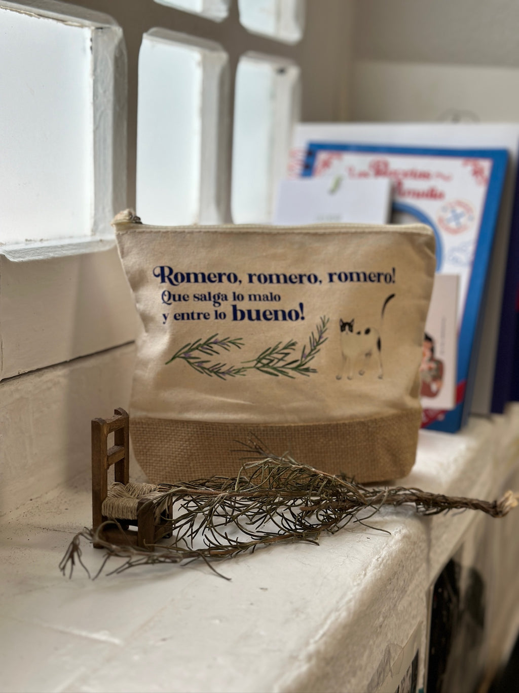 Abuela jute toiletry bag - Rosemary, rosemary, let the bad come out and the good come in