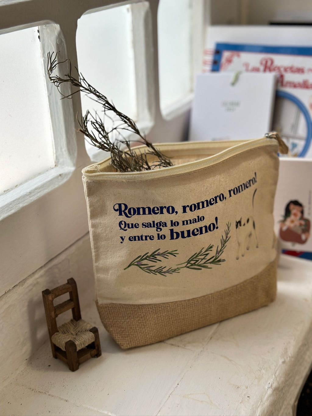Abuela jute toiletry bag - Rosemary, rosemary, let the bad come out and the good come in