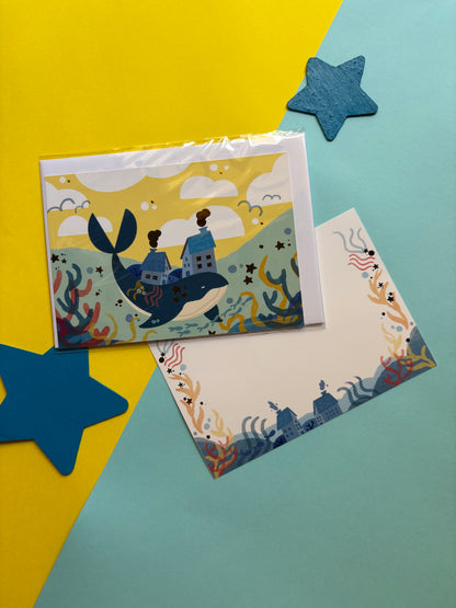 Postal Ballena con toques dorados