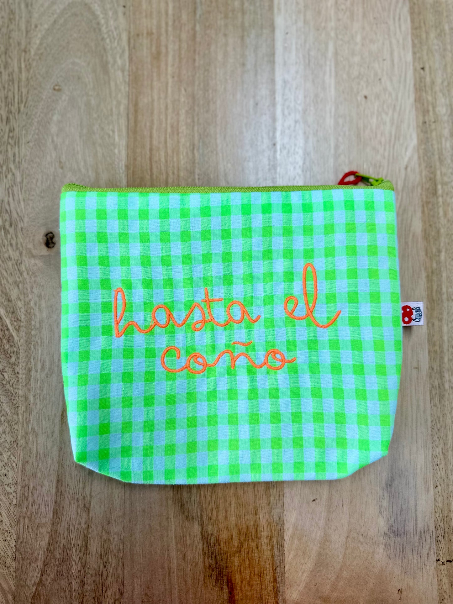 Vichy verde flúor letra naranja - Hasta el coño - Neceser