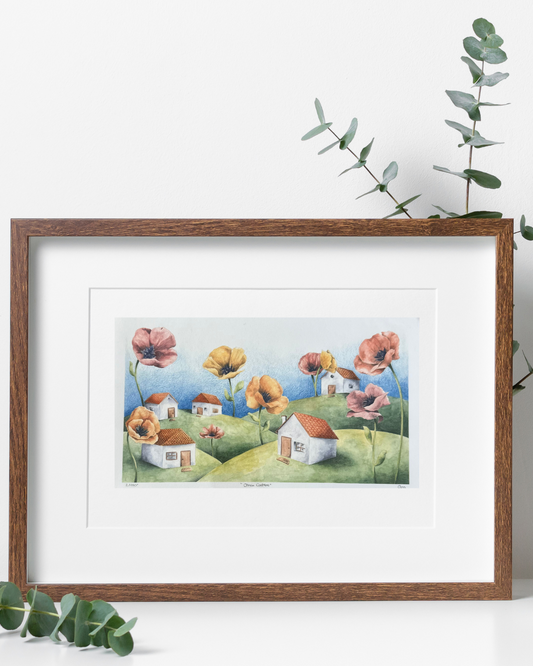 Lámina Cinco casitas en el campo que florecen - Peque