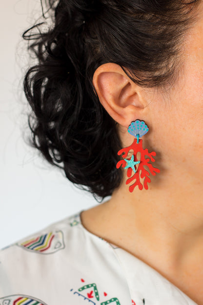 Pendientes Coral rojo y conchita