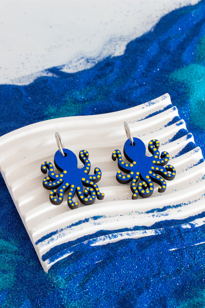 Pendientes Pulpo azul con lunares amarillos