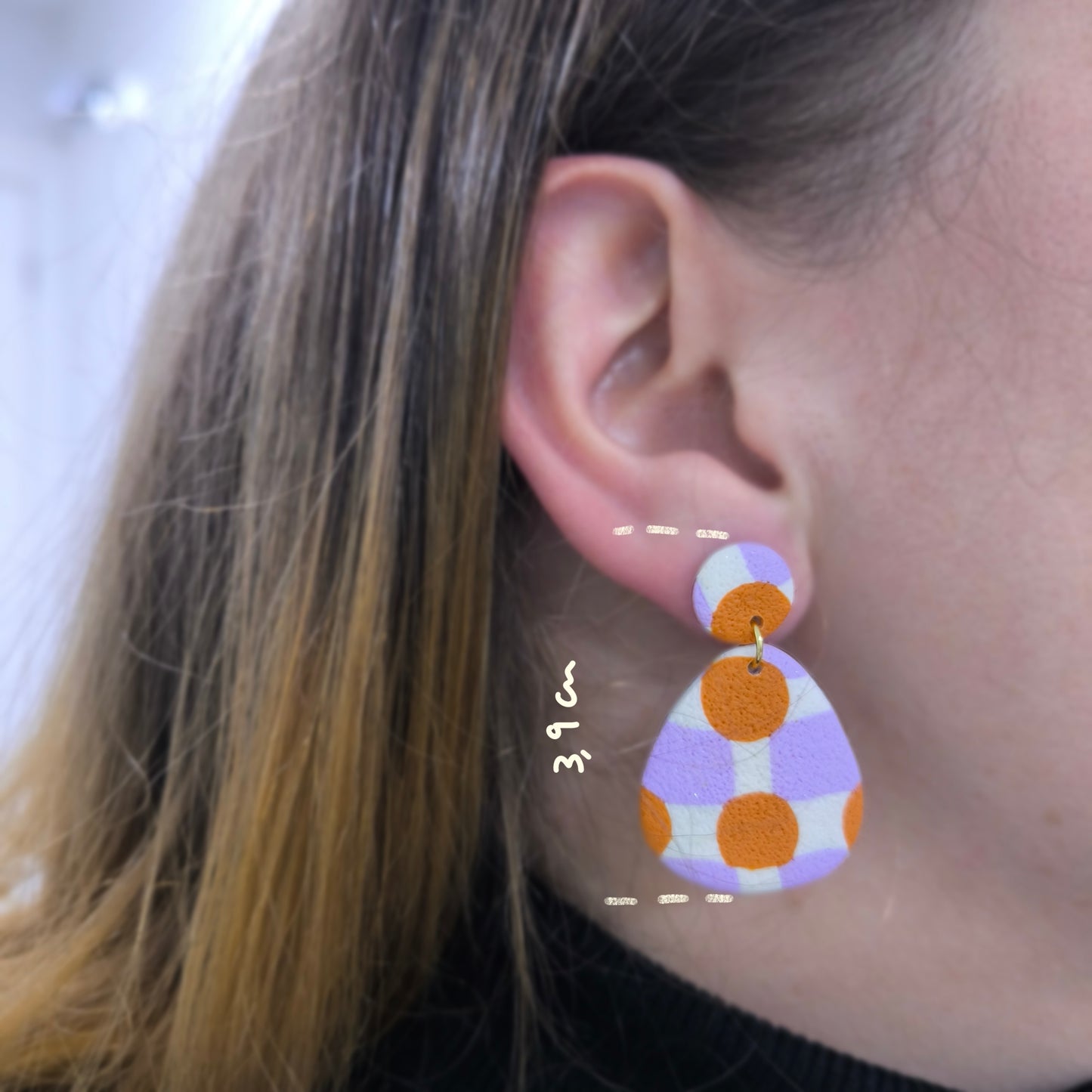 Pendientes vichy lila blanco y círculos naranja