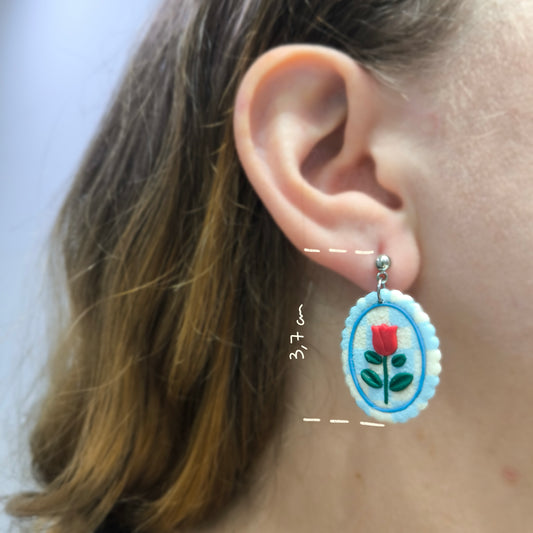 Pendientes Rosa roja vichy azul blanco