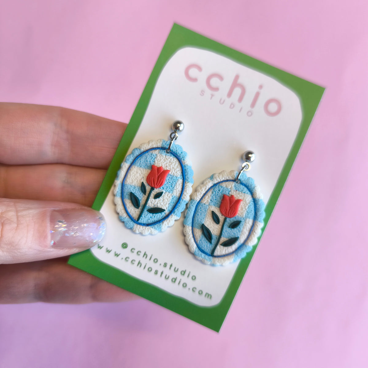 Pendientes Rosa roja vichy azul blanco