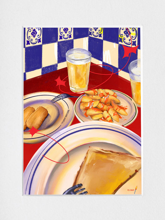 Lámina Cañas, patatas bravas, croquetas