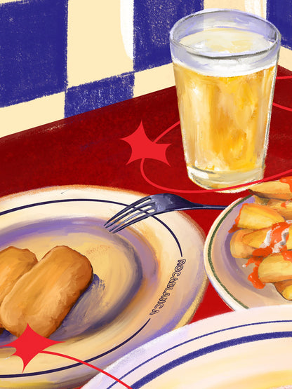 Lámina Cañas, patatas bravas, croquetas