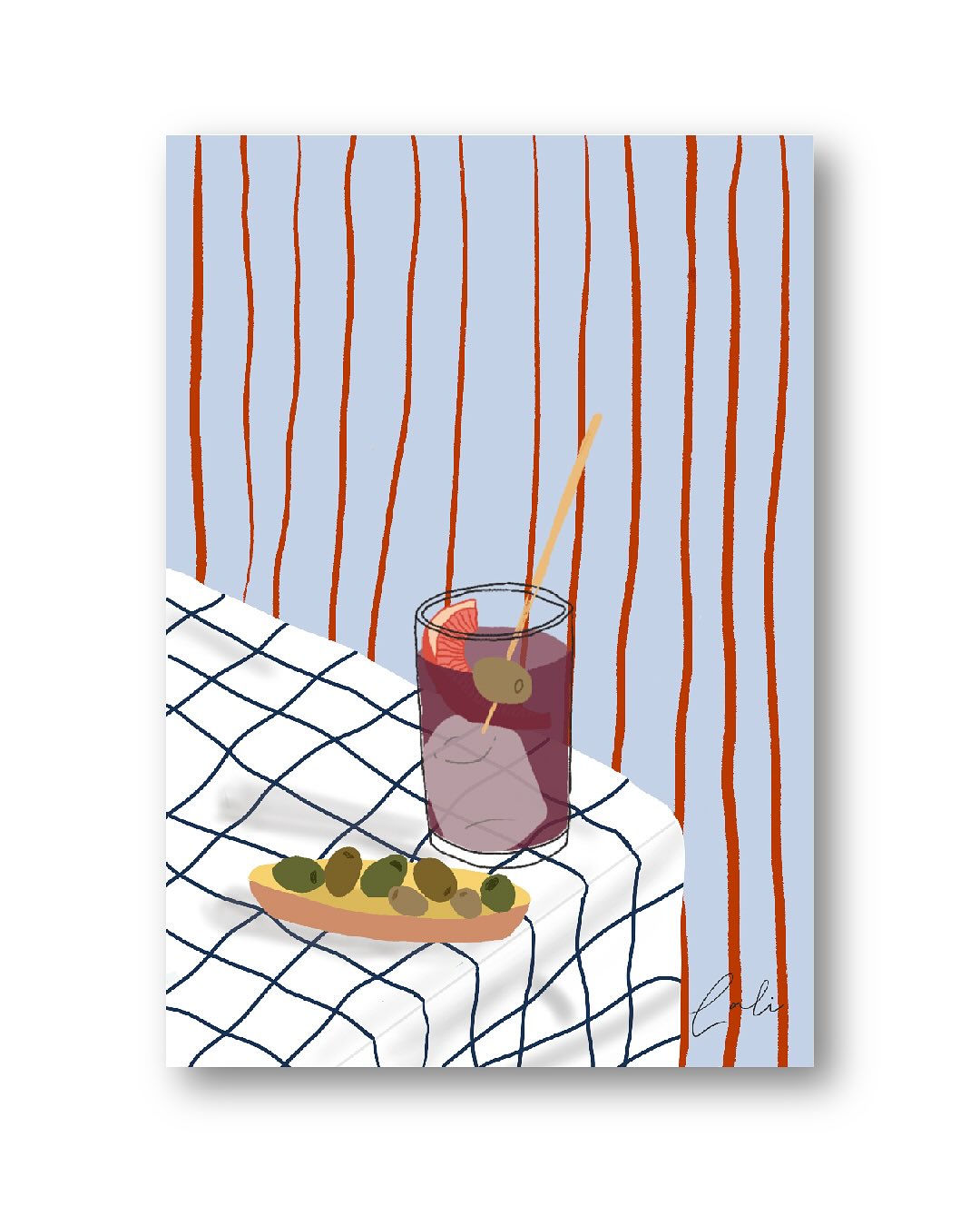 Lámina Vasito de vermú y pincho de aceituna