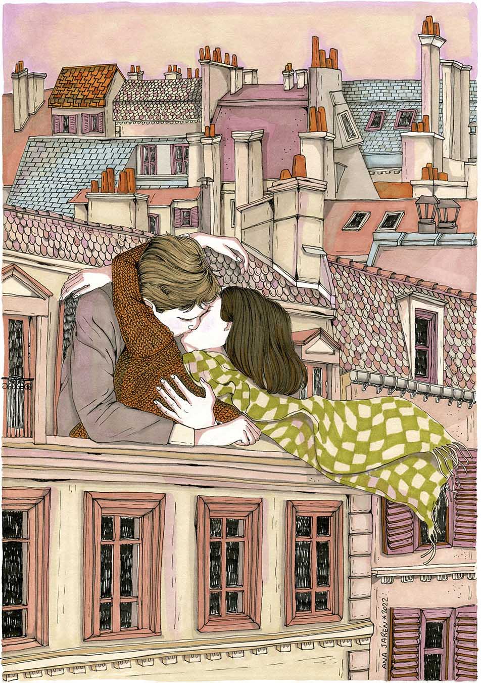 Lámina Pareja beso por la ventana en la ciudad