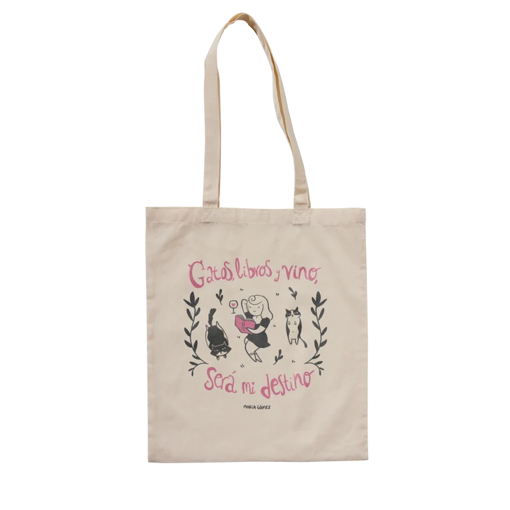Totebag Gatos, libros y vino, será mi destino de María Gómez