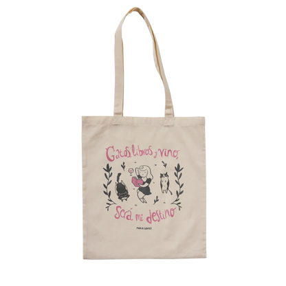 Totebag Gatos, libros y vino, será mi destino de María Gómez
