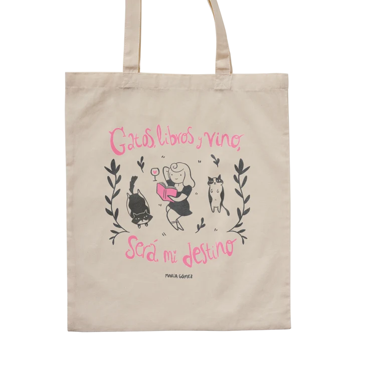 Totebag Gatos, libros y vino, será mi destino de María Gómez