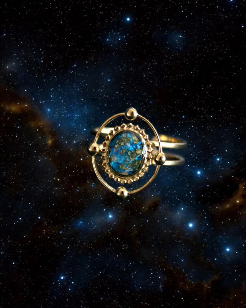 Anillo Tierra Orquídea azul y hoja de rosal - dorado
