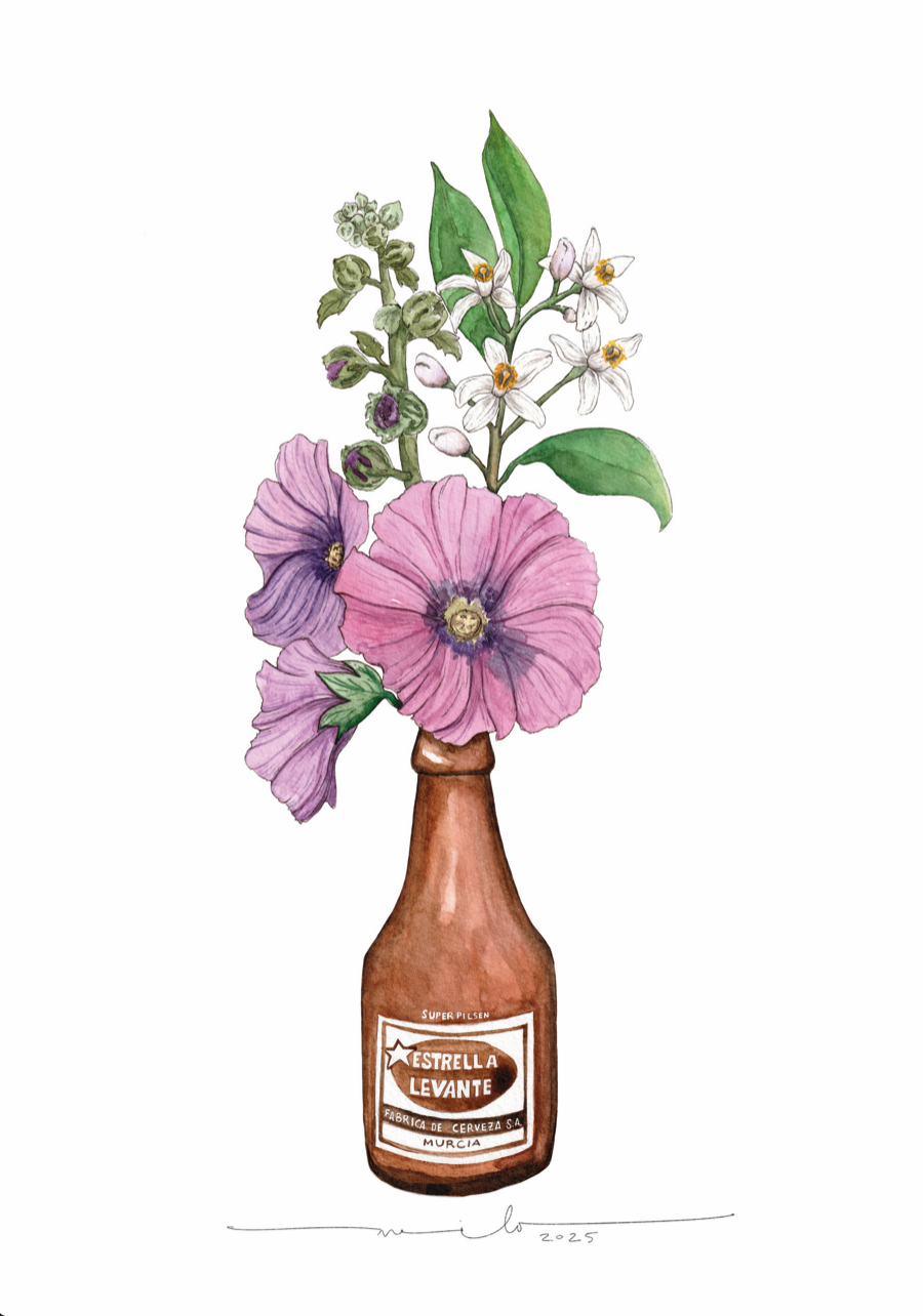 Lámina botellín Estrella Levante con flores moradas Malvones