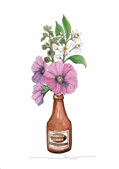 Lámina botellín Estrella Levante con flores moradas Malvones