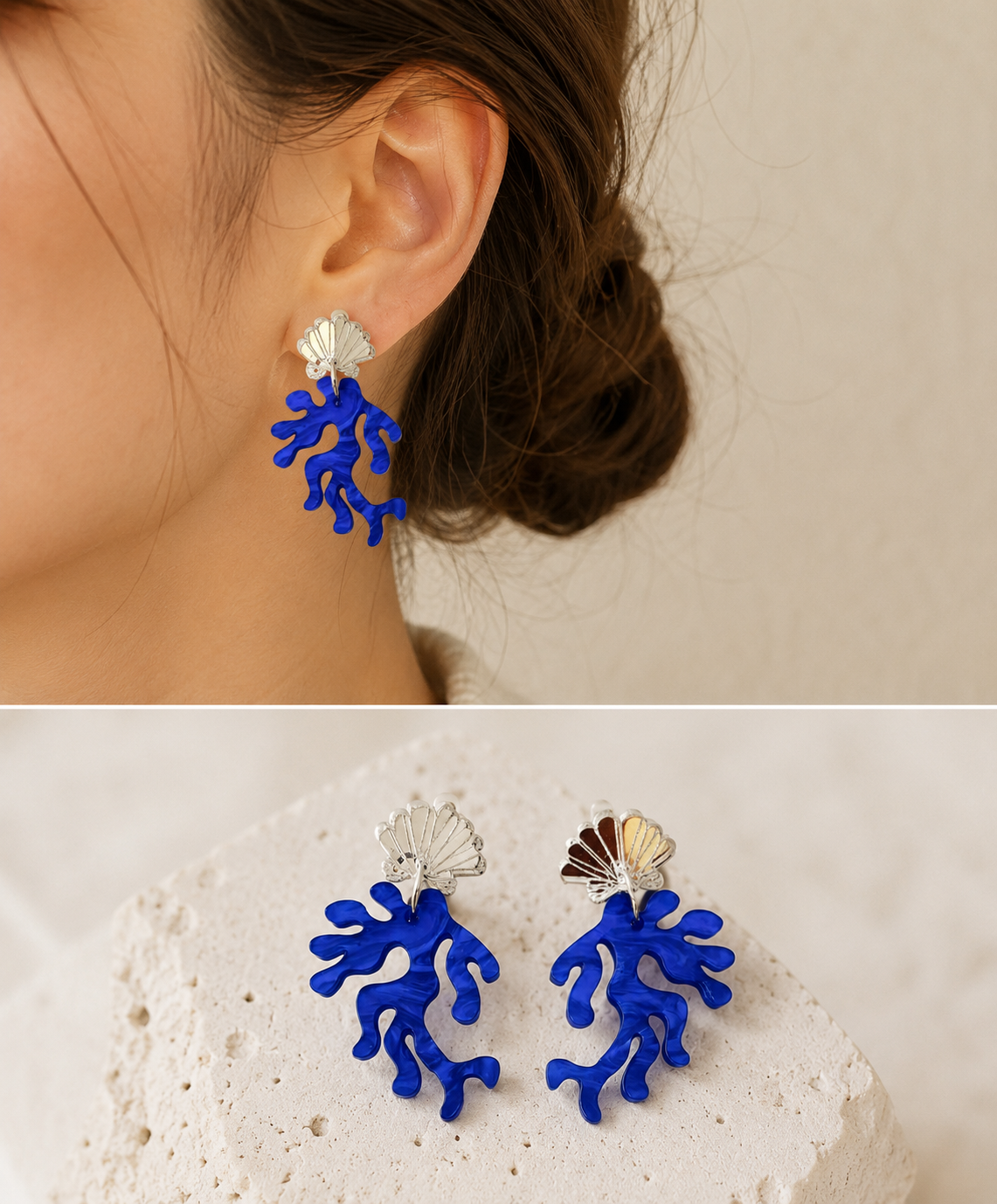 Pendientes coral azul y concha