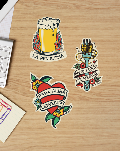 Pegatinas Papa aliñá, La penúltima y Amores como el nuestro