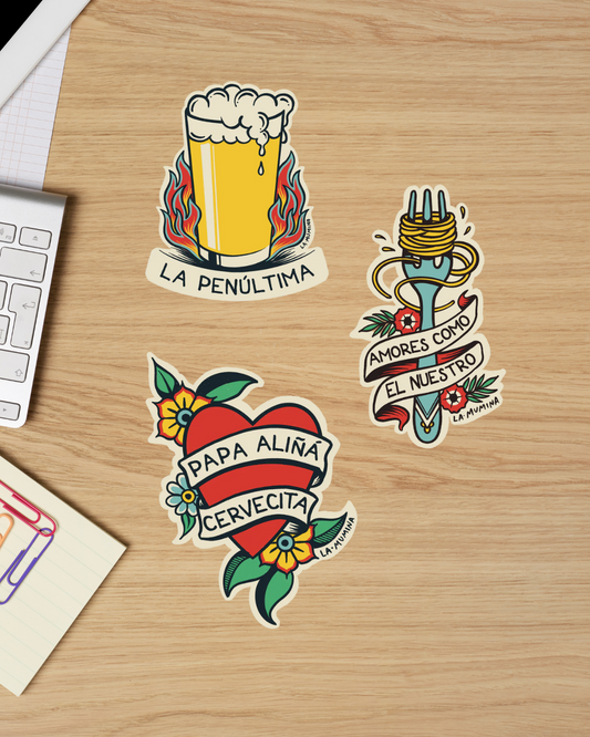 Pegatinas Papa aliñá, La penúltima y Amores como el nuestro