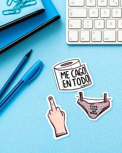 Pegatinas Estoy hecha una braga, me cago en to y 🖕