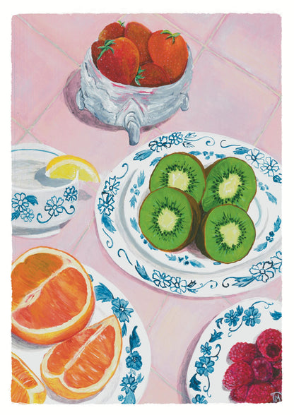 Lámina Picnic con frutas: kiwi, naranja, fresas, frambuesas