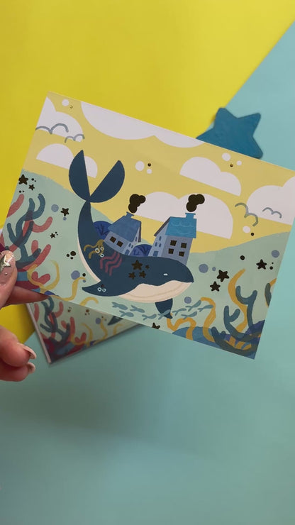 Postal Ballena con toques dorados